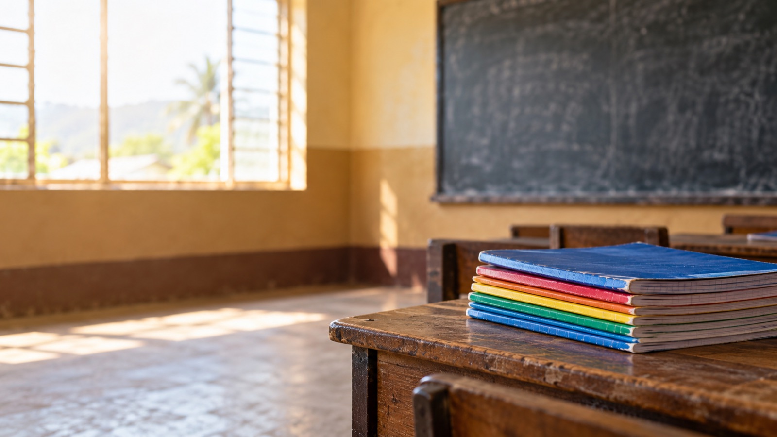 Exercise books in a classroom